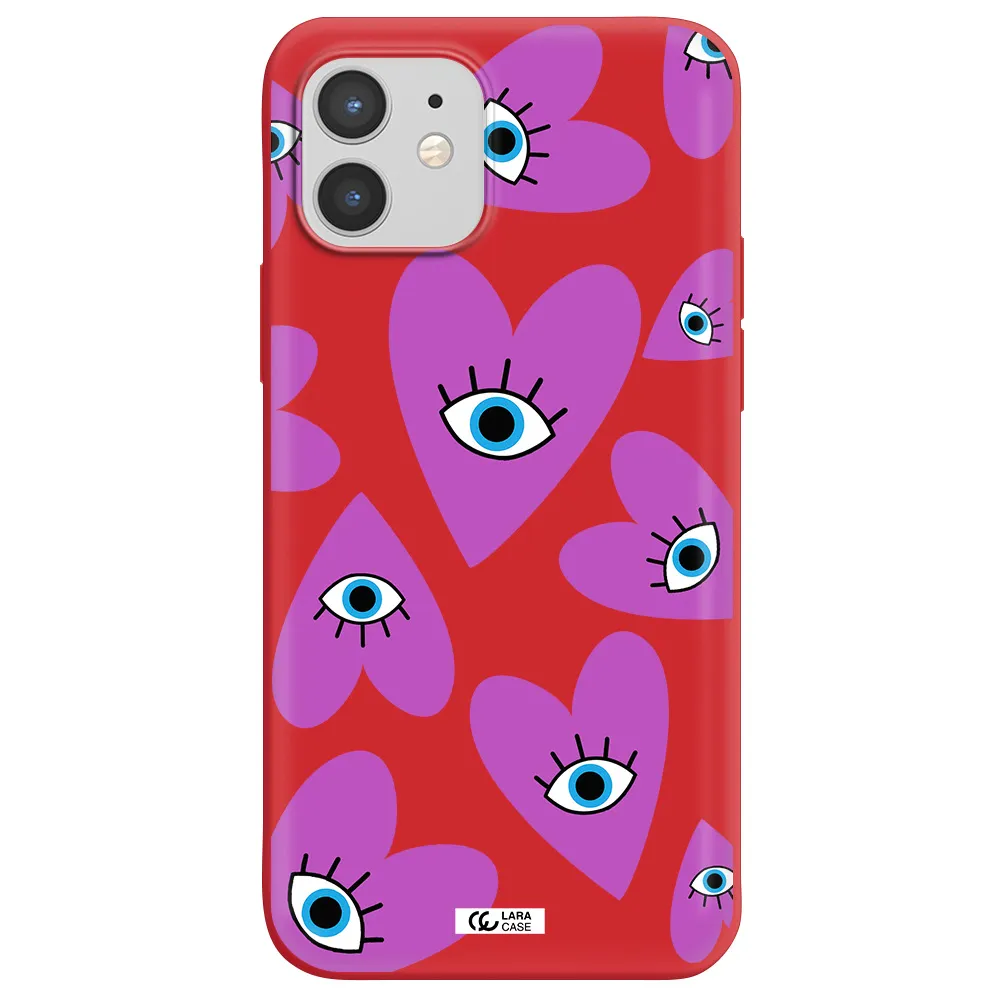 a purple heart with eyes and a black eye Apple iPhone 12 Silicone Imperial Red Case