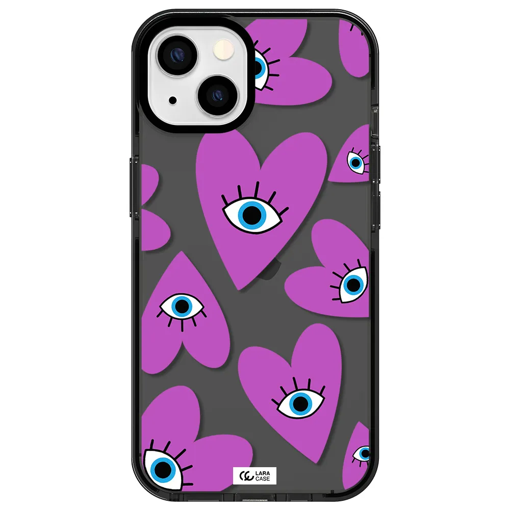 a purple heart with eyes and a black eye Apple iPhone 13 impact Smoke Black Case