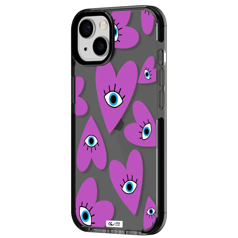 a purple heart with eyes and a black eye Apple iPhone 13 impact Smoke Black Case