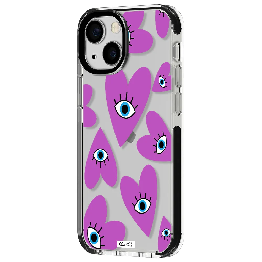 a purple heart with eyes and a black eye Apple iPhone 13 mini impact black border Case