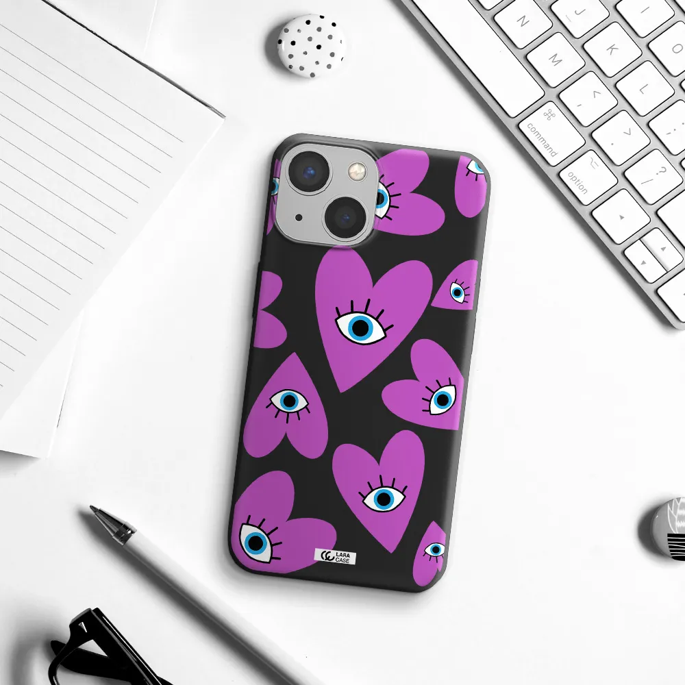 a purple heart with eyes and a black eye Apple iPhone 13 mini Silicone black Case
