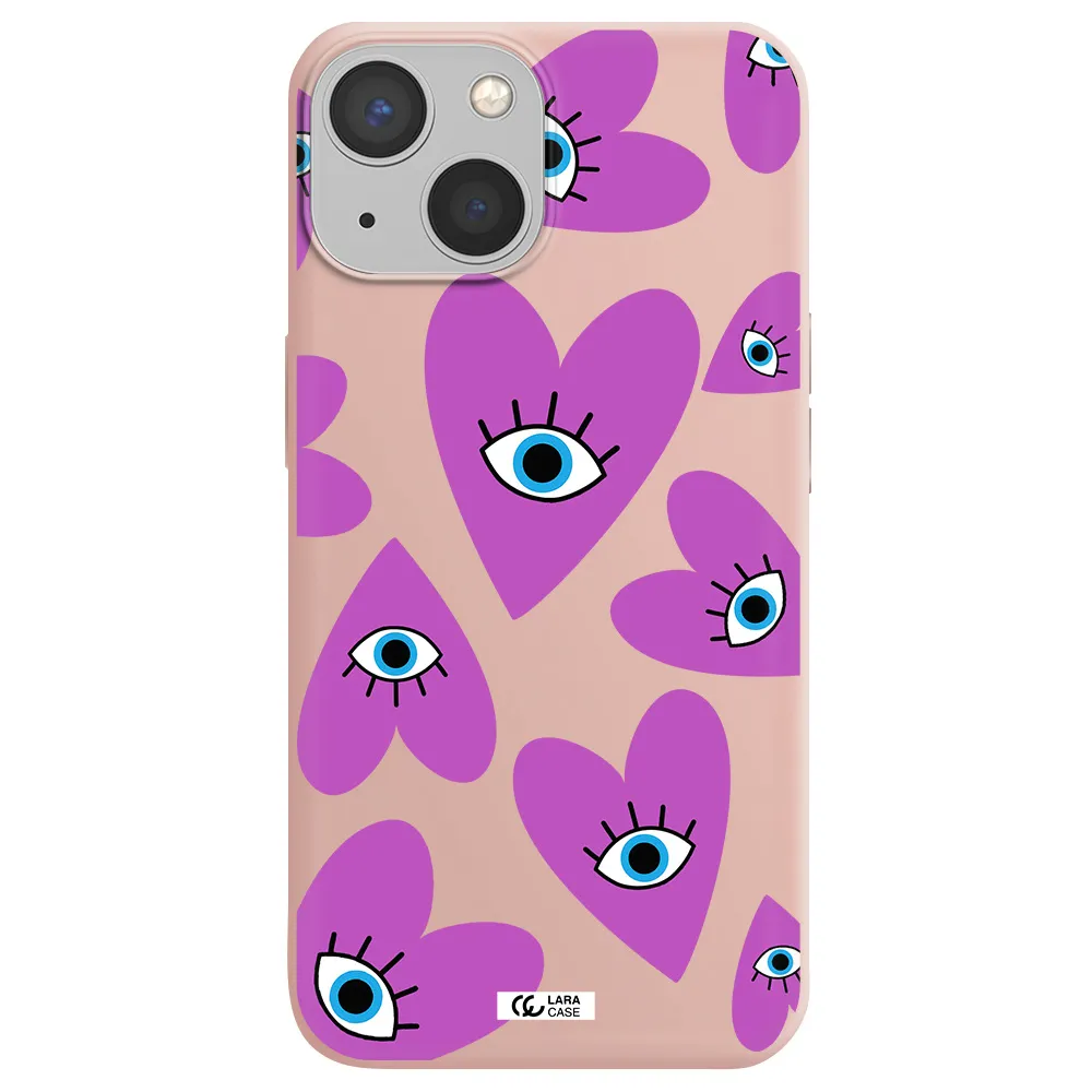 a purple heart with eyes and a black eye Apple iPhone 13 mini Silicone pastel pink Case