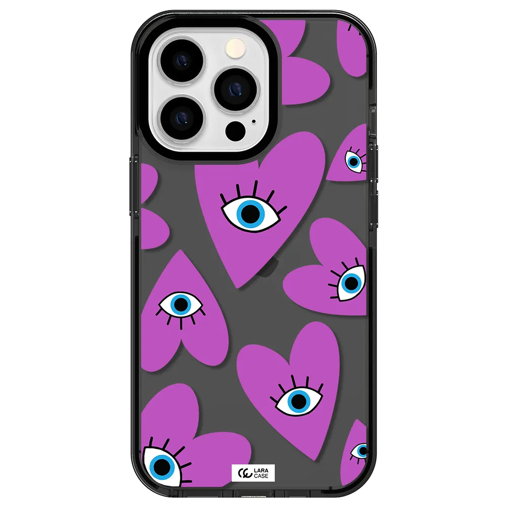 a purple heart with eyes and a black eye Apple iPhone 13 Pro impact Smoke Black Case