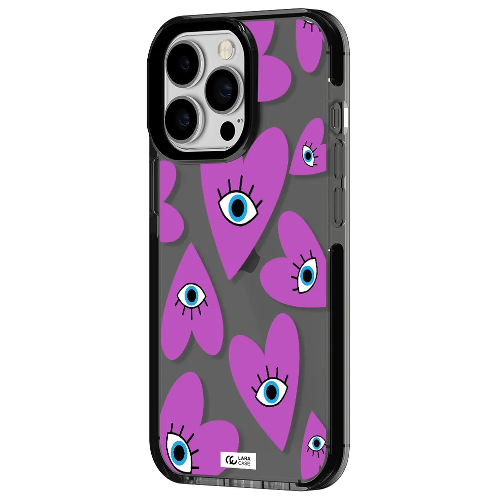 a purple heart with eyes and a black eye Apple iPhone 13 Pro impact Smoke Black Case