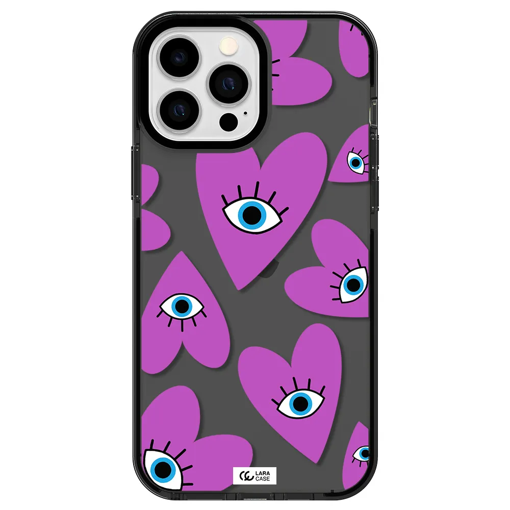 a purple heart with eyes and a black eye Apple iPhone 13 Pro Max impact Smoke Black Case