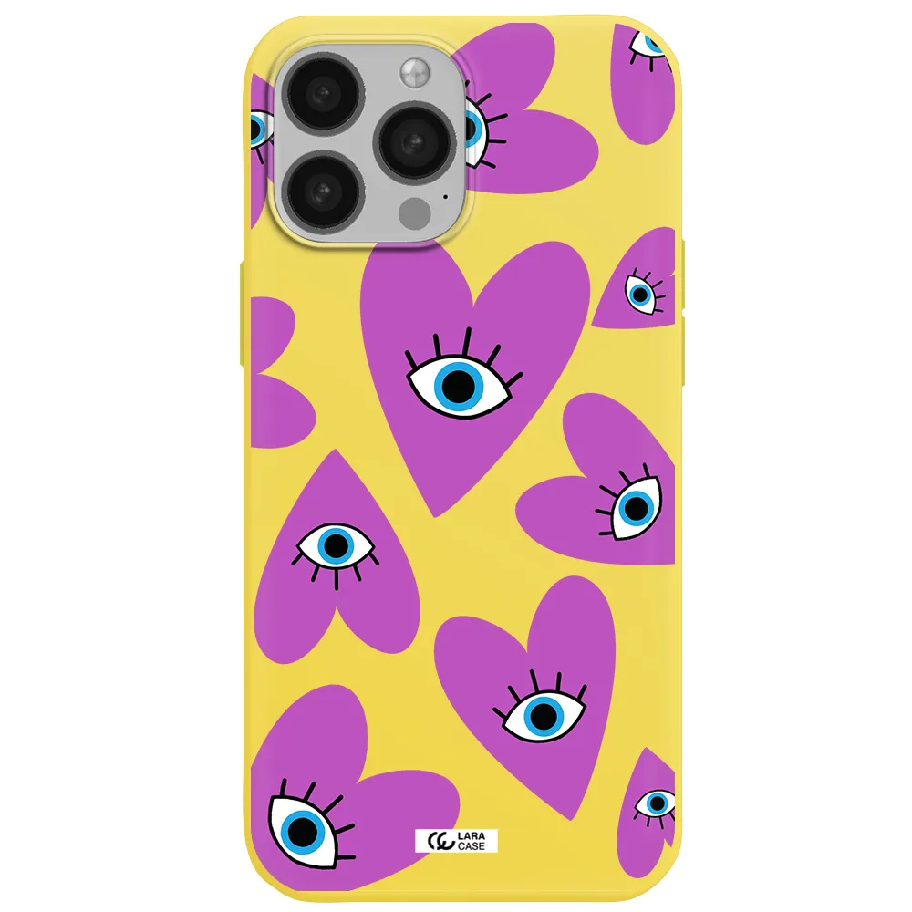 a purple heart with eyes and a black eye Apple iPhone 13 Pro Max Silicone canary yellow Case