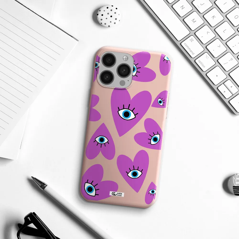 a purple heart with eyes and a black eye Apple iPhone 13 Pro Max Silicone pastel pink Case