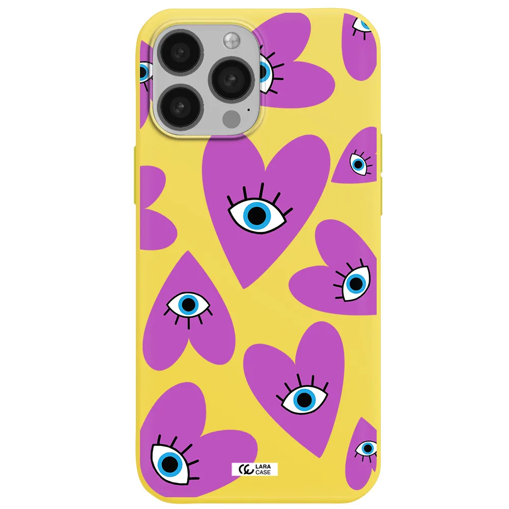 a purple heart with eyes and a black eye Apple iPhone 13 Pro Silicone canary yellow Case