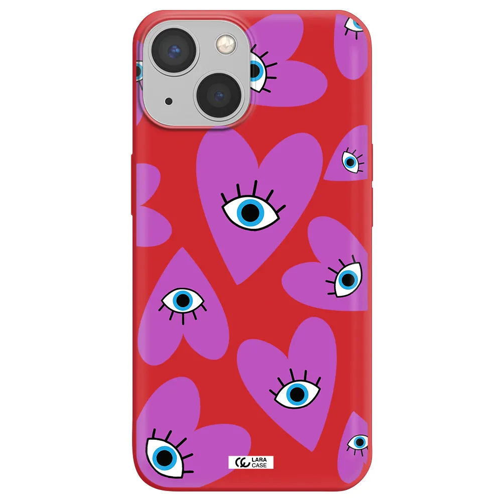 a purple heart with eyes and a black eye Apple iPhone 13 Silicone Imperial Red Case