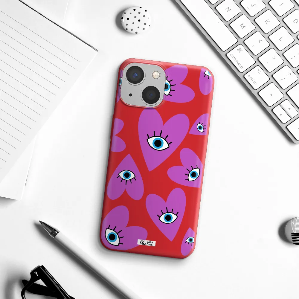 a purple heart with eyes and a black eye Apple iPhone 13 Silicone Imperial Red Case