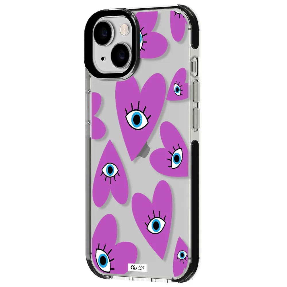 a purple heart with eyes and a black eye Apple iPhone 14 impact black border Case