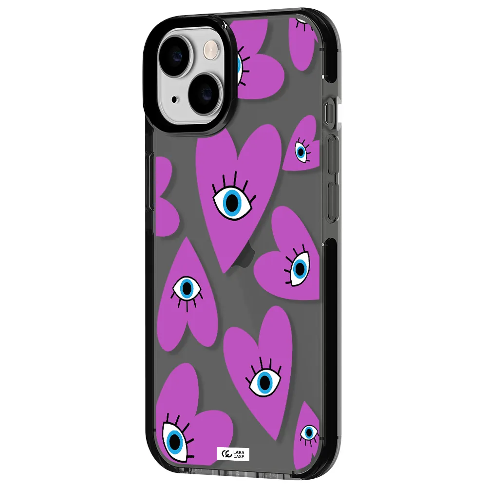 a purple heart with eyes and a black eye Apple iPhone 14 impact Smoke Black Case
