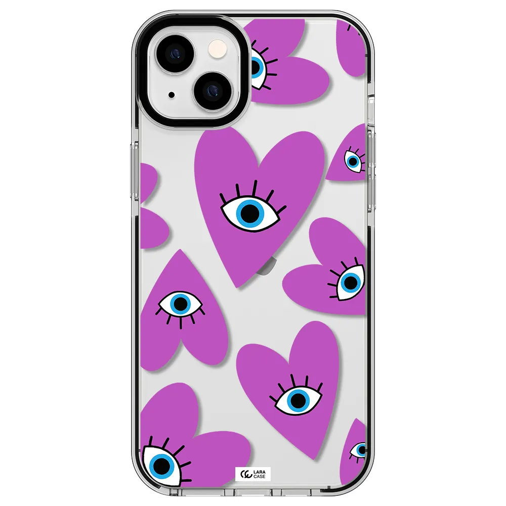 a purple heart with eyes and a black eye Apple iPhone 14 plus impact black border Case