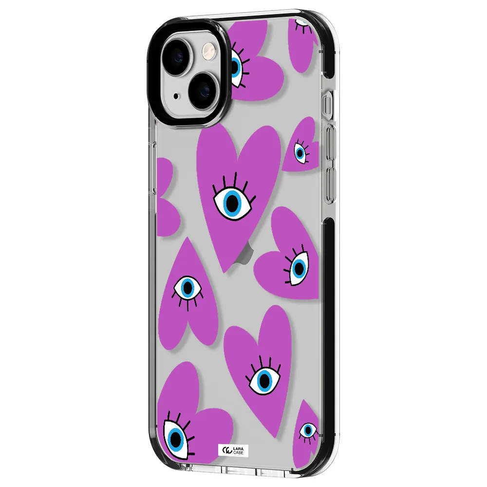 a purple heart with eyes and a black eye Apple iPhone 14 plus impact black border Case