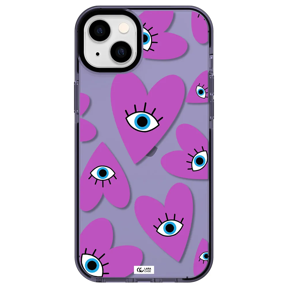 a purple heart with eyes and a black eye Apple iPhone 14 plus impact Lilac Case