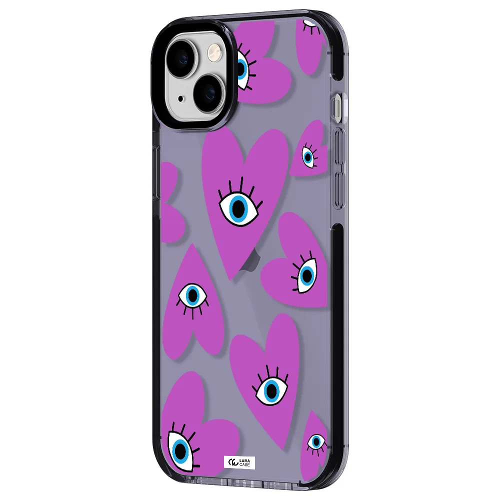 a purple heart with eyes and a black eye Apple iPhone 14 plus impact Lilac Case