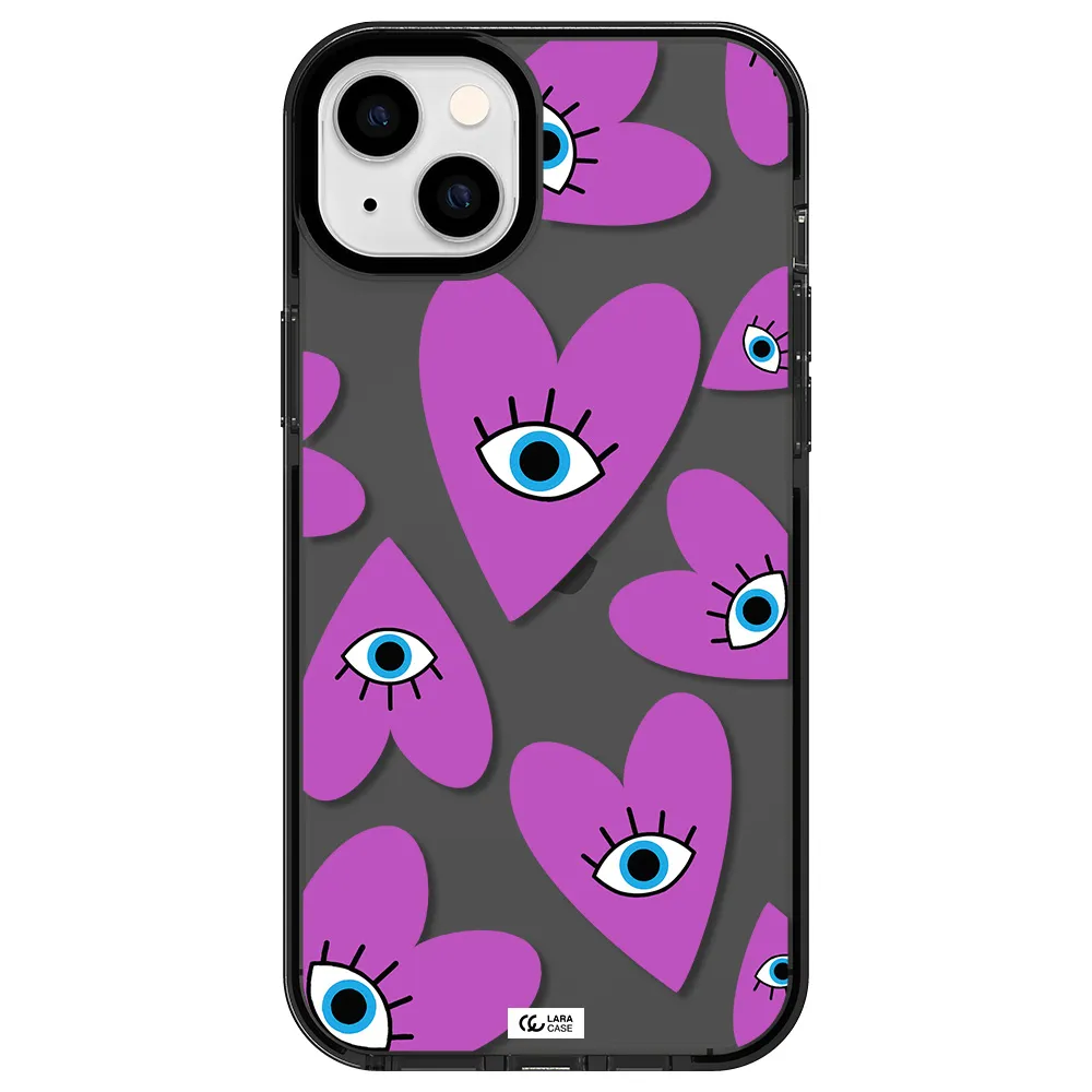 a purple heart with eyes and a black eye Apple iPhone 14 plus impact Smoke Black Case