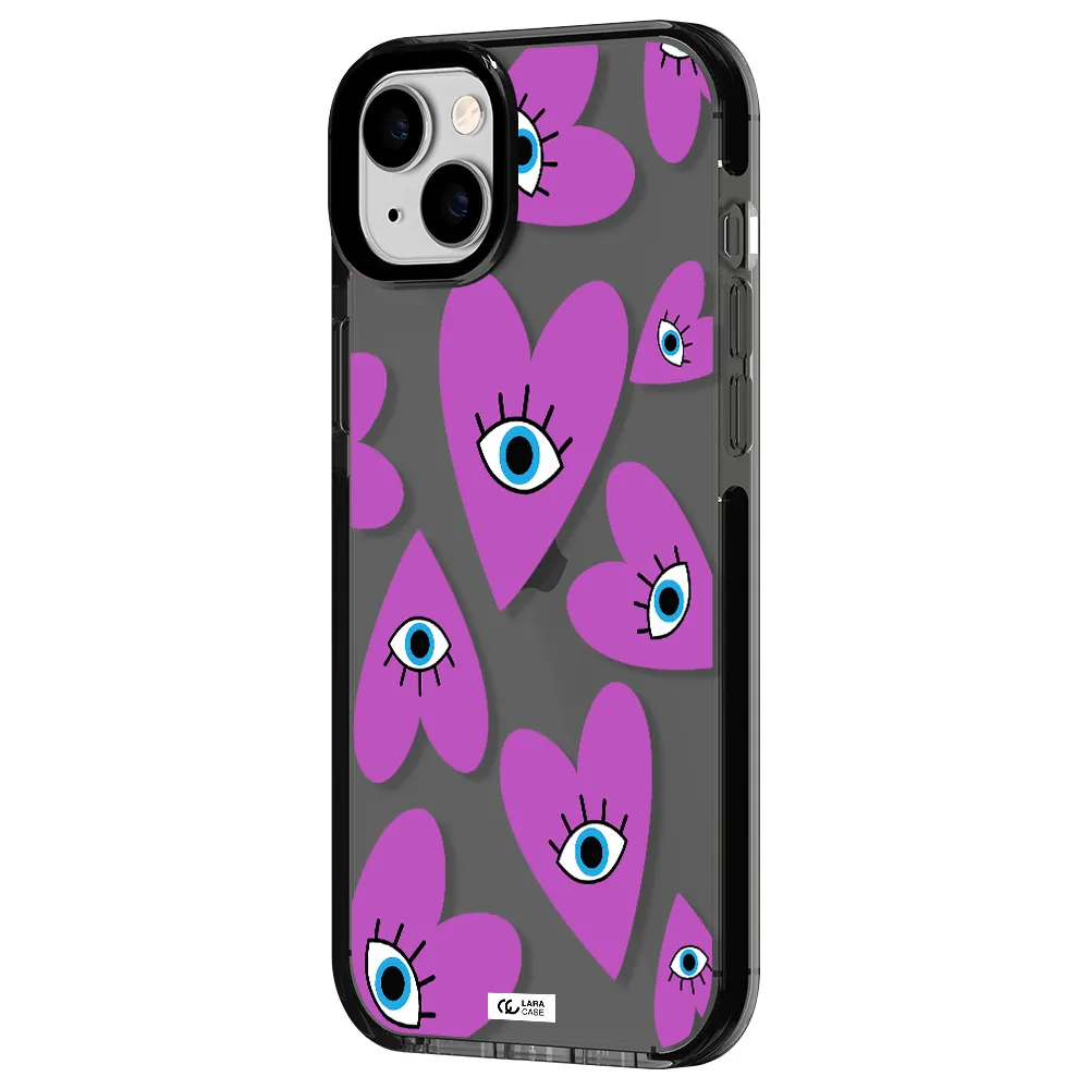 a purple heart with eyes and a black eye Apple iPhone 14 plus impact Smoke Black Case