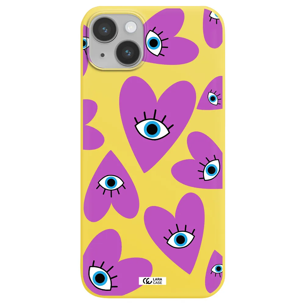 a purple heart with eyes and a black eye Apple iPhone 14 plus Silicone canary yellow Case