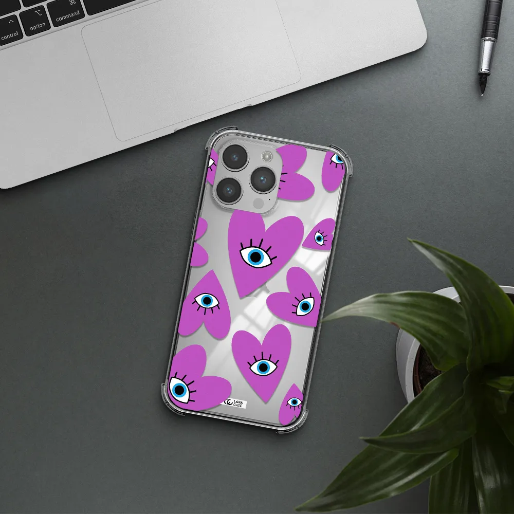 a purple heart with eyes and a black eye Apple iPhone 14 pro Clear PC Case
