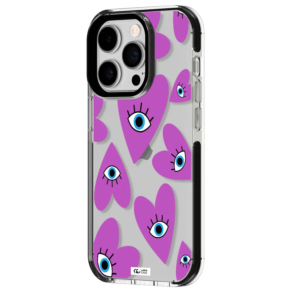 a purple heart with eyes and a black eye Apple iPhone 14 pro impact black border Case