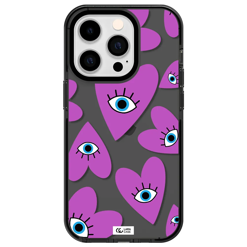 a purple heart with eyes and a black eye Apple iPhone 14 pro impact Smoke Black Case