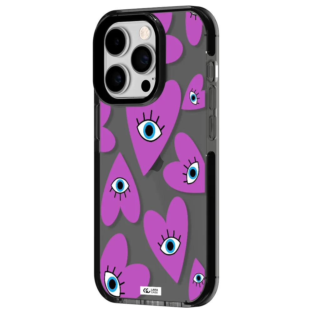 a purple heart with eyes and a black eye Apple iPhone 14 pro impact Smoke Black Case