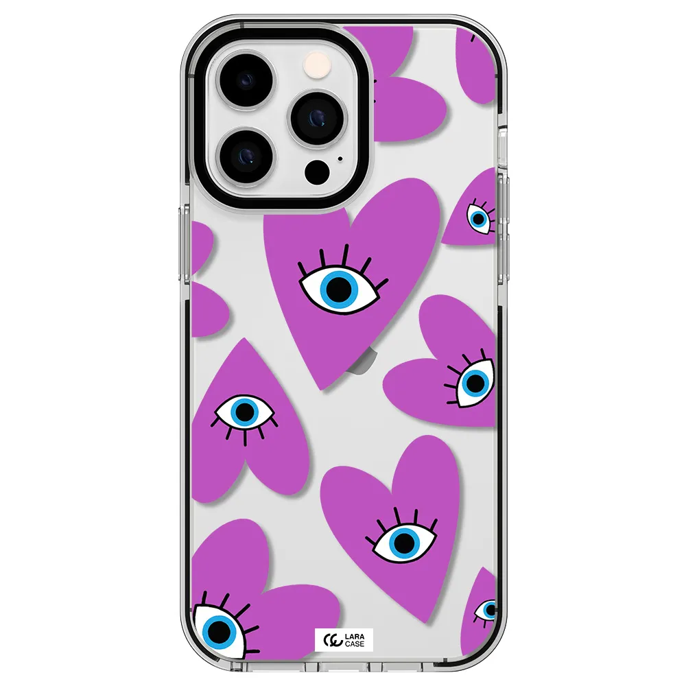a purple heart with eyes and a black eye Apple iPhone 14 pro max impact black border Case