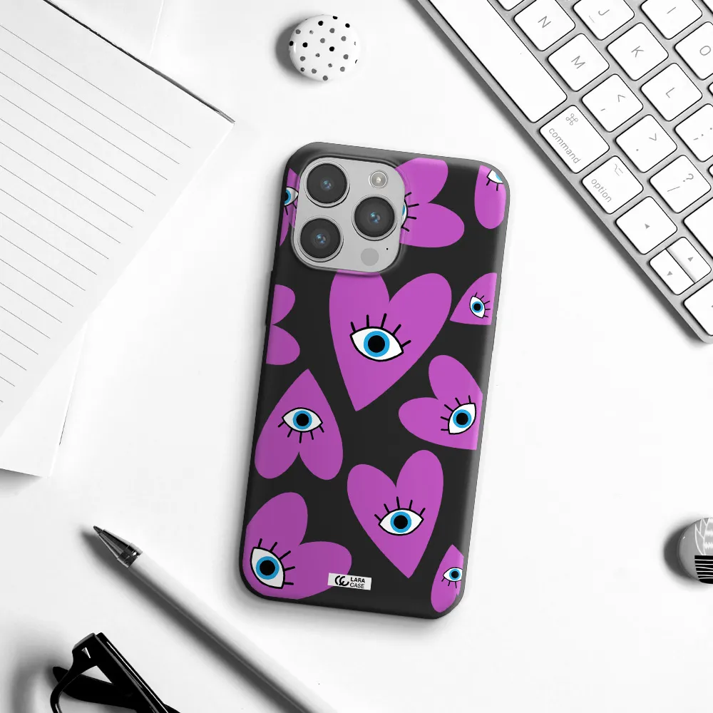 a purple heart with eyes and a black eye Apple iPhone 14 pro max Silicone black Case