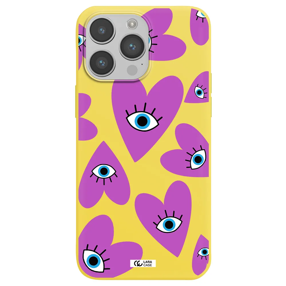 a purple heart with eyes and a black eye Apple iPhone 14 pro max Silicone canary yellow Case