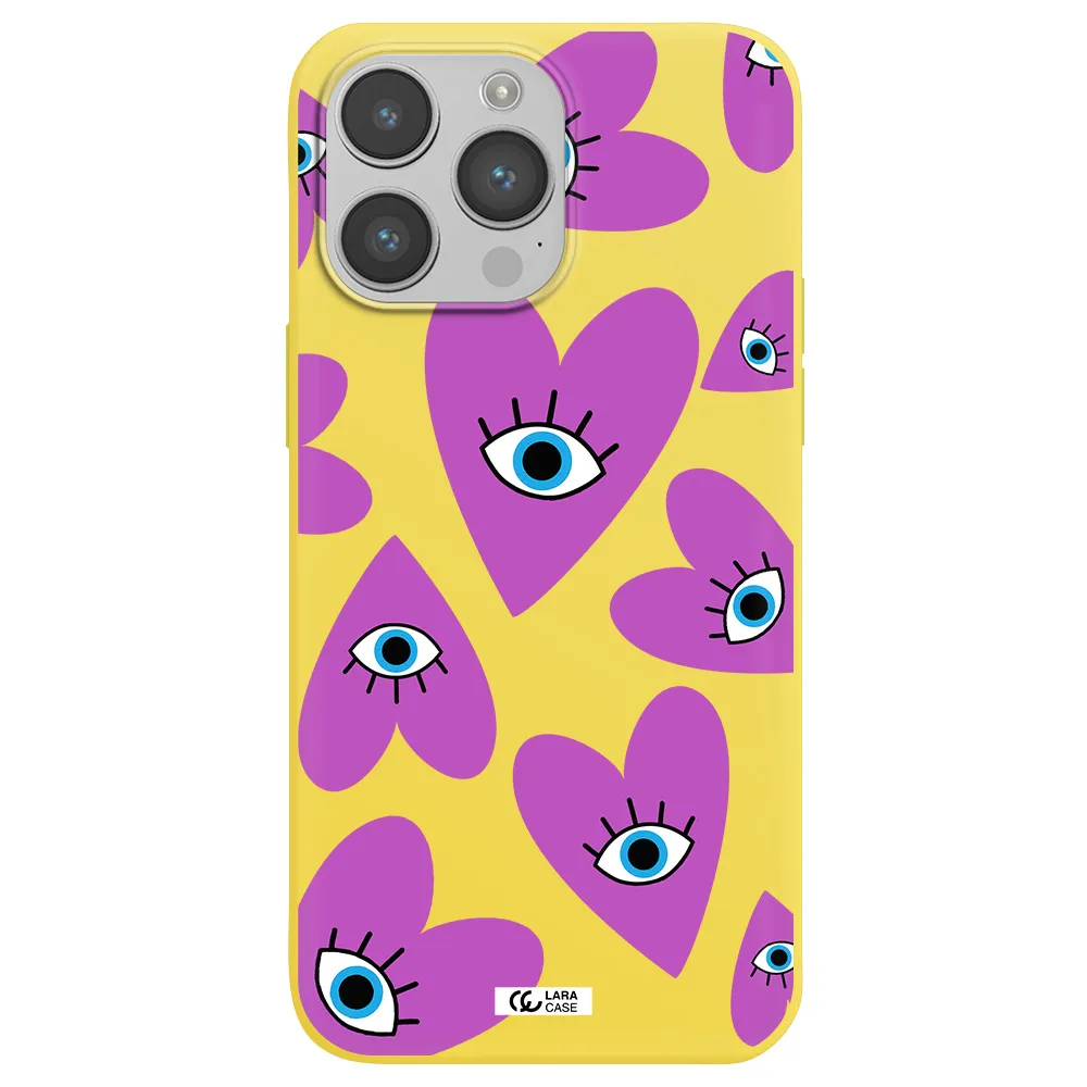 a purple heart with eyes and a black eye Apple iPhone 14 pro Silicone canary yellow Case