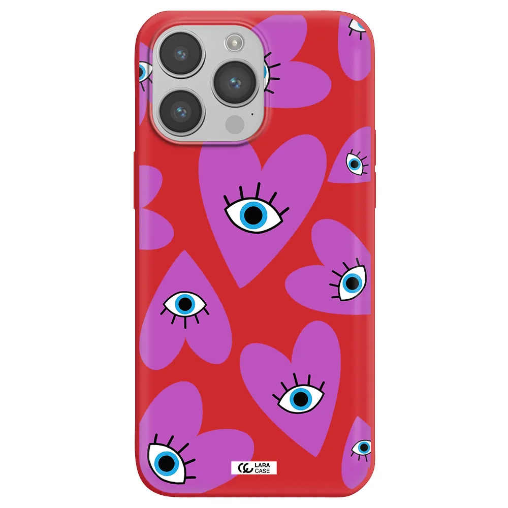 a purple heart with eyes and a black eye Apple iPhone 14 pro Silicone Imperial Red Case