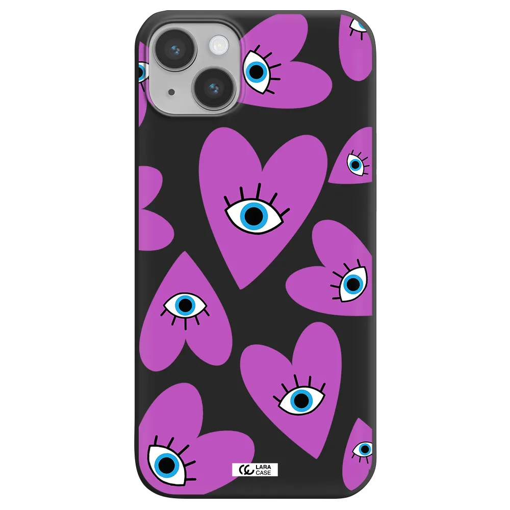 a purple heart with eyes and a black eye Apple iPhone 14 Silicone black Case