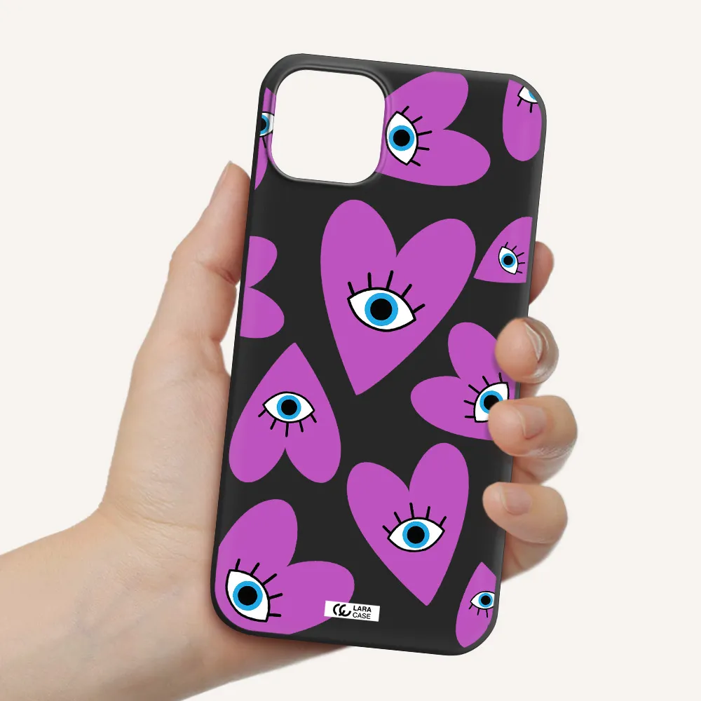 a purple heart with eyes and a black eye Apple iPhone 14 Silicone black Case