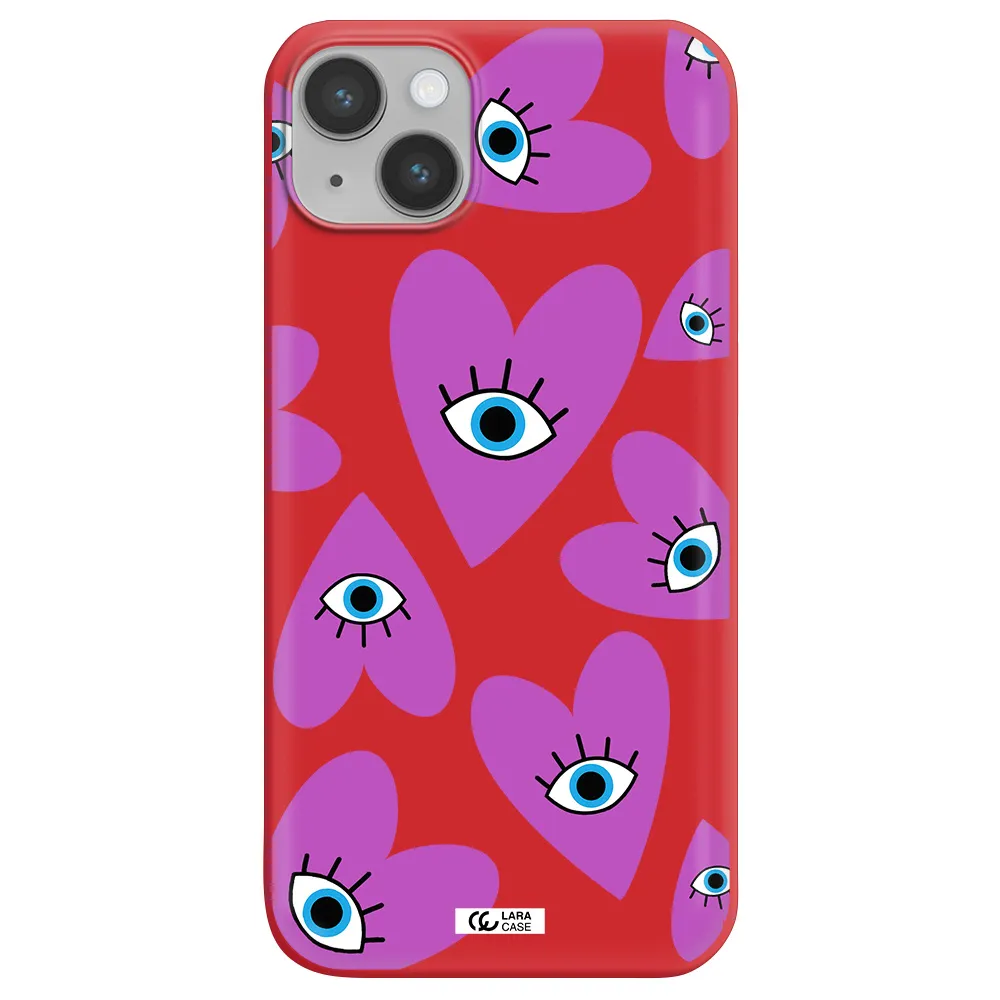 a purple heart with eyes and a black eye Apple iPhone 14 Silicone Imperial Red Case