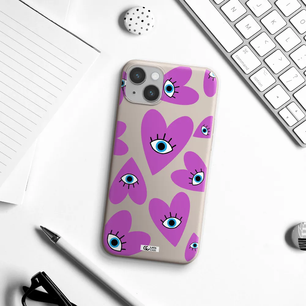 a purple heart with eyes and a black eye Apple iPhone 14 Silicone Stone Case