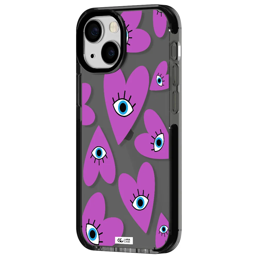 a purple heart with eyes and a black eye Apple iPhone 15 impact Smoke Black Case