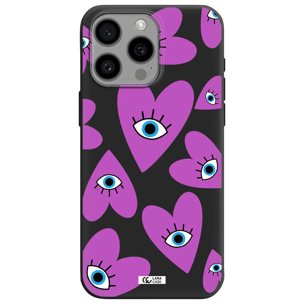 a purple heart with eyes and a black eye Apple Iphone 15 Pro max Silicone black Case