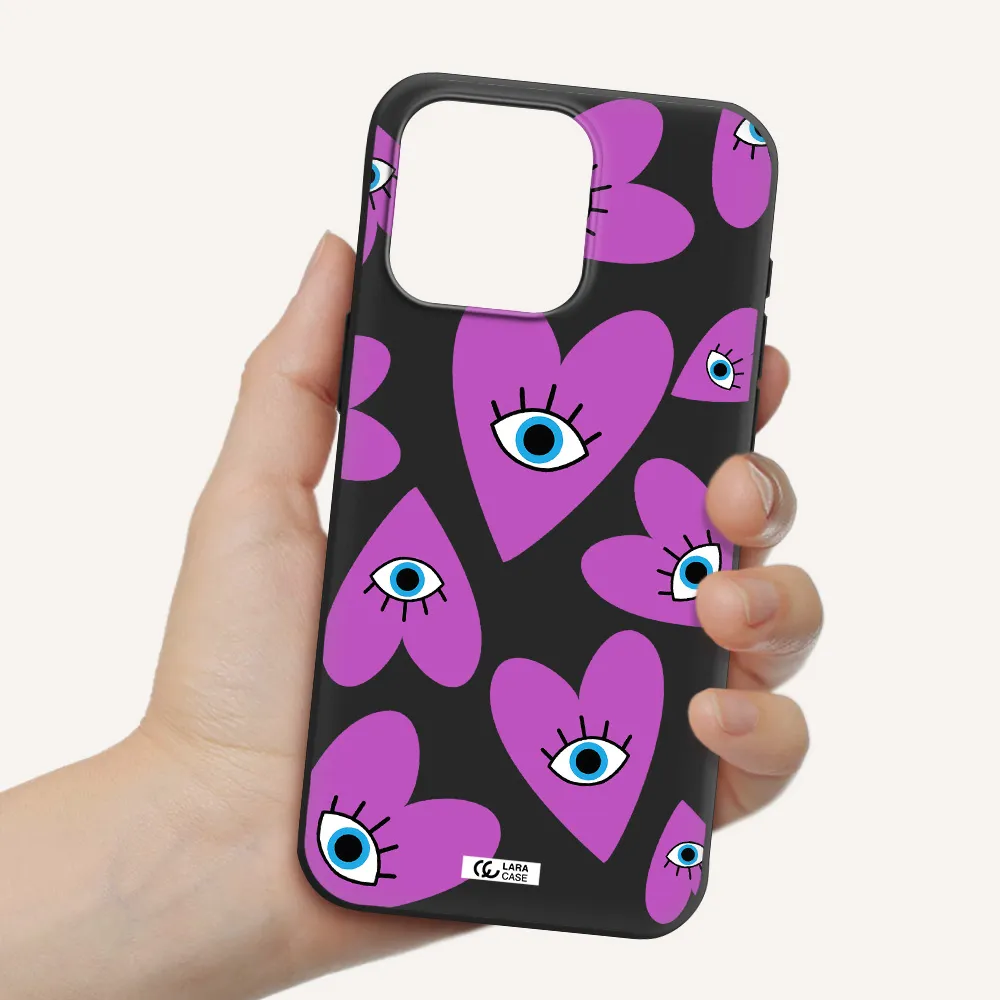 a purple heart with eyes and a black eye Apple Iphone 15 Pro max Silicone black Case