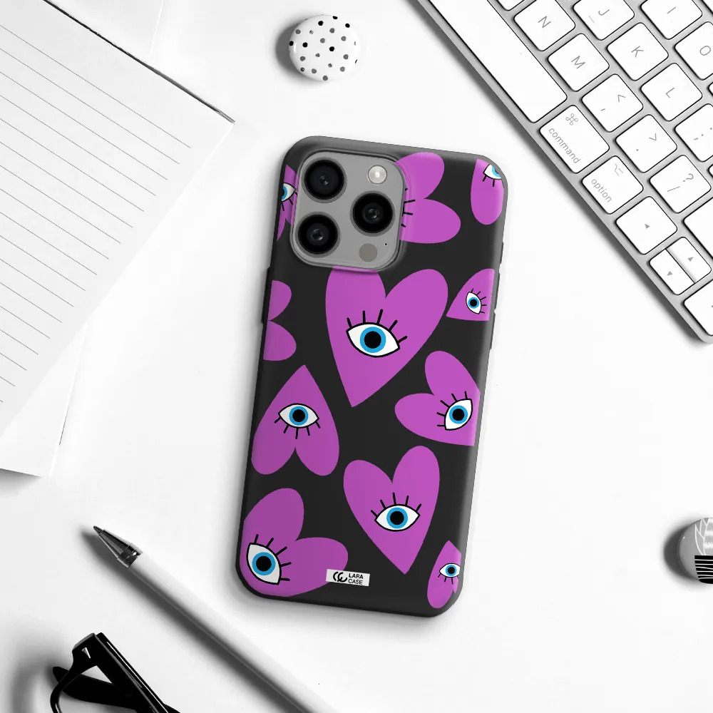 a purple heart with eyes and a black eye Apple Iphone 15 Pro max Silicone black Case