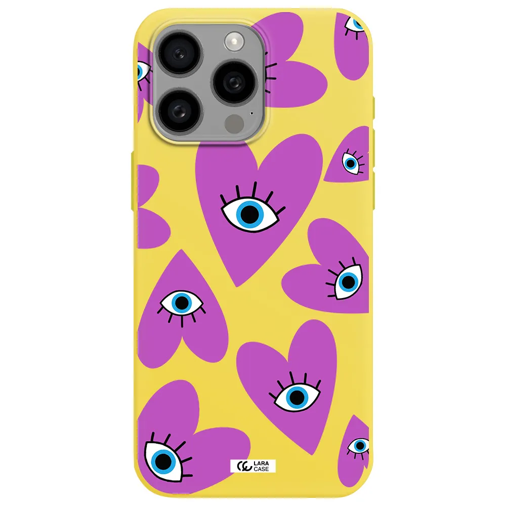 a purple heart with eyes and a black eye Apple Iphone 15 Pro max Silicone canary yellow Case