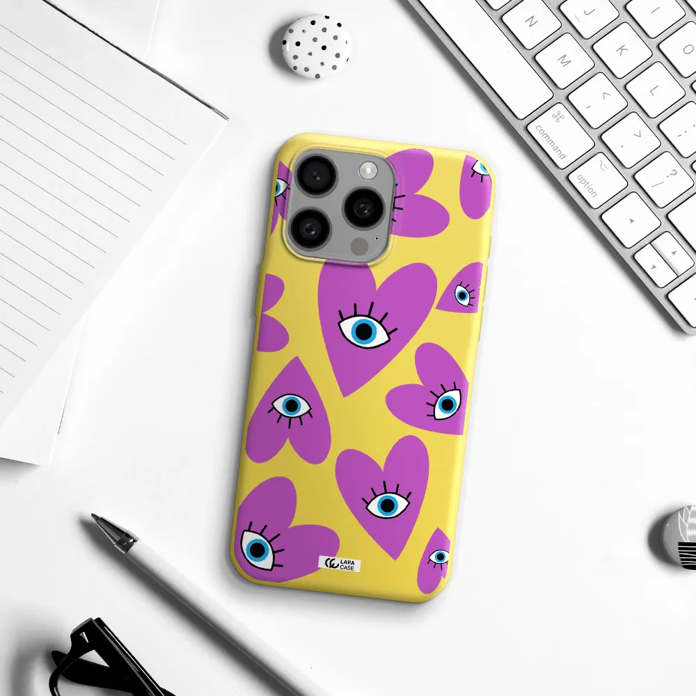 a purple heart with eyes and a black eye Apple Iphone 15 Pro max Silicone canary yellow Case