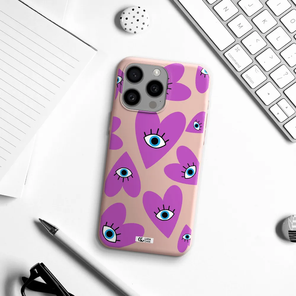 a purple heart with eyes and a black eye Apple Iphone 15 Pro max Silicone pastel pink Case