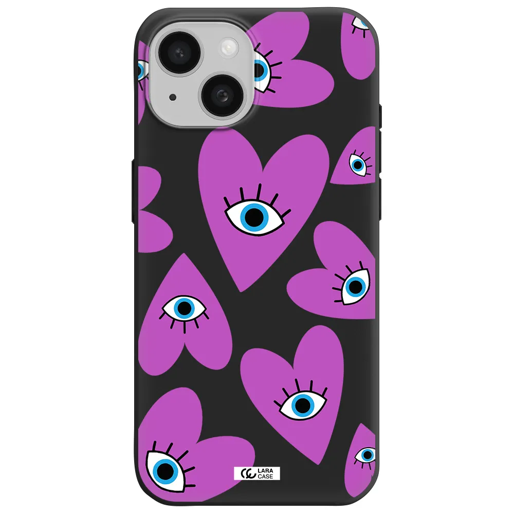 a purple heart with eyes and a black eye Apple iPhone 15 Silicone black Case