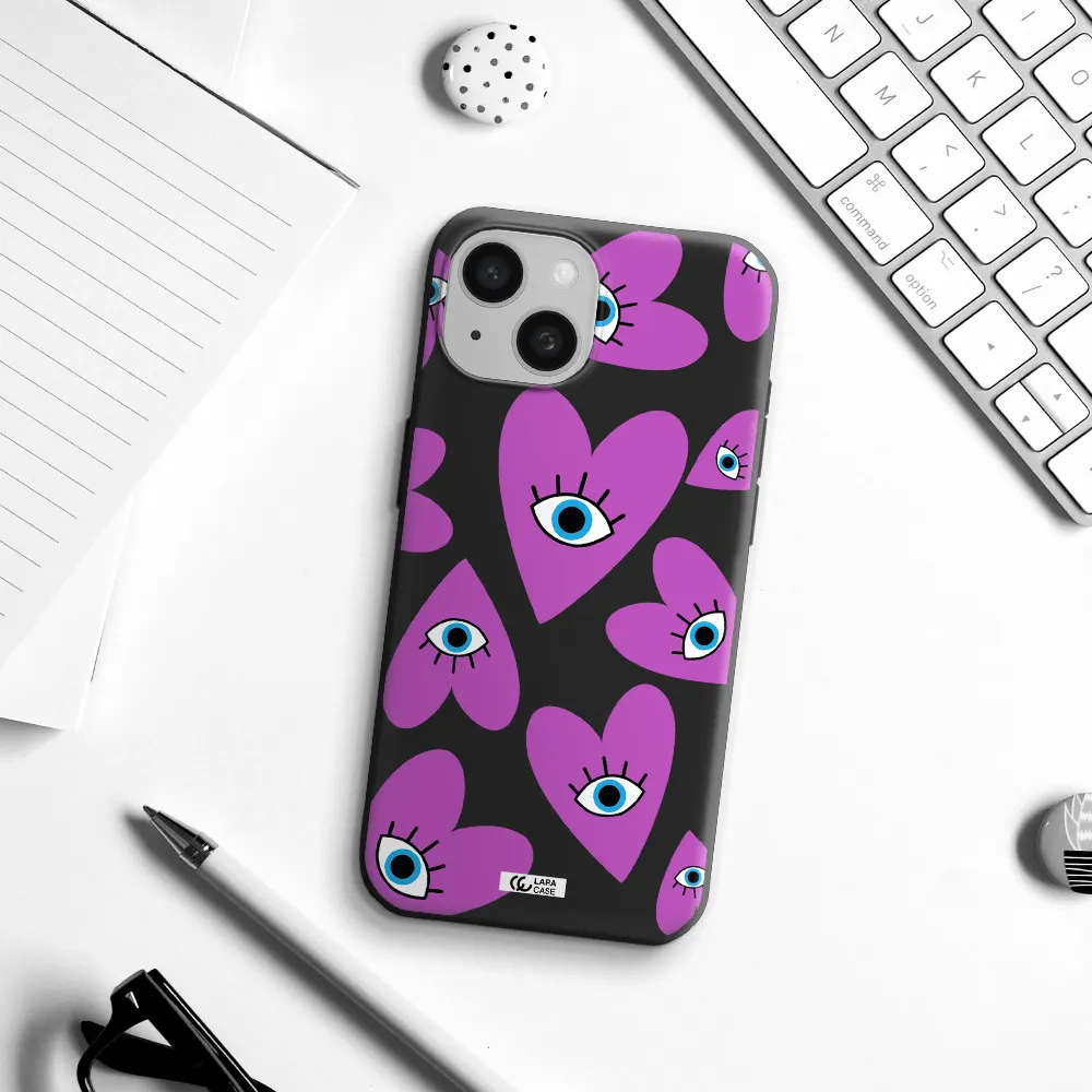 a purple heart with eyes and a black eye Apple iPhone 15 Silicone black Case