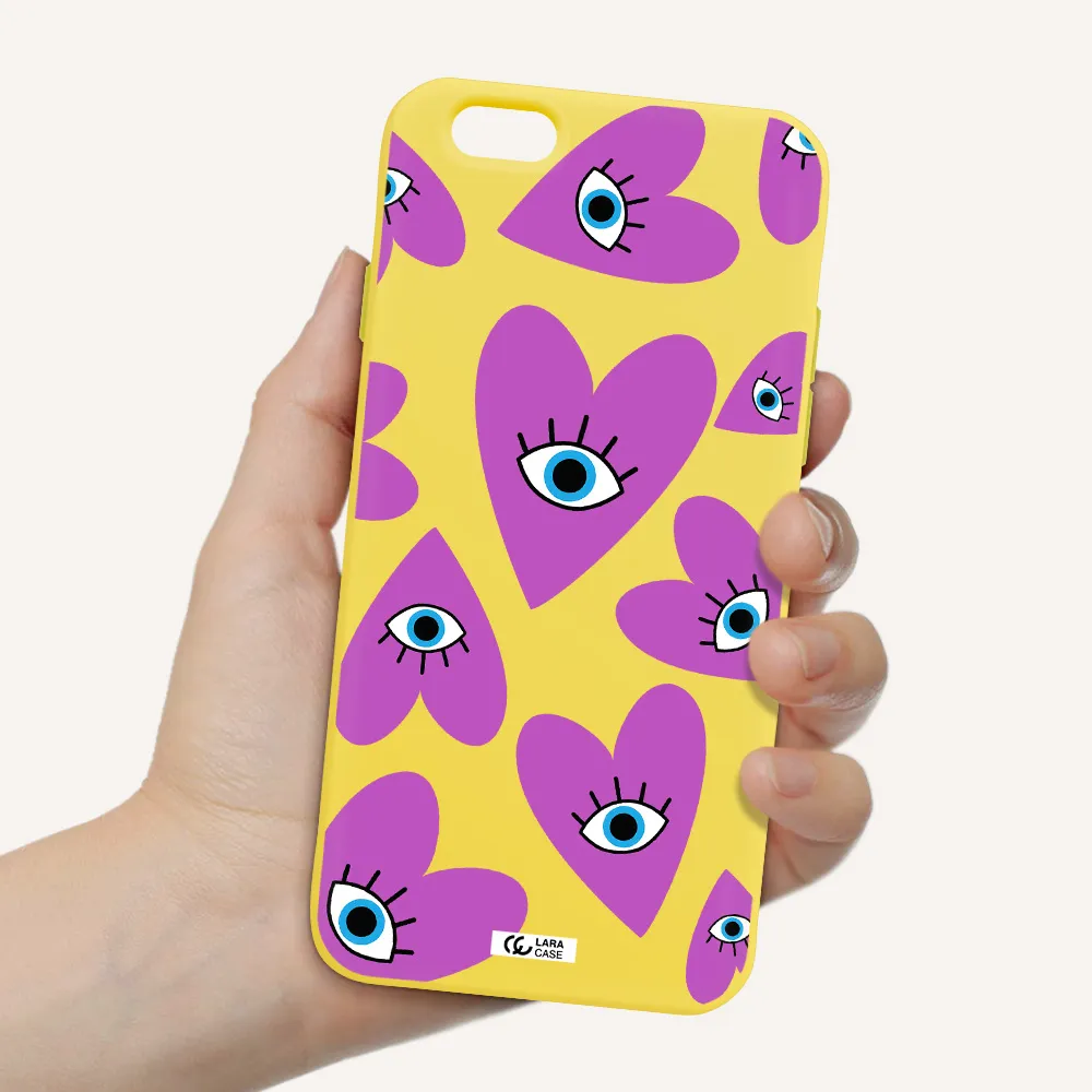 a purple heart with eyes and a black eye Apple iPhone 6 Silicone canary yellow Case