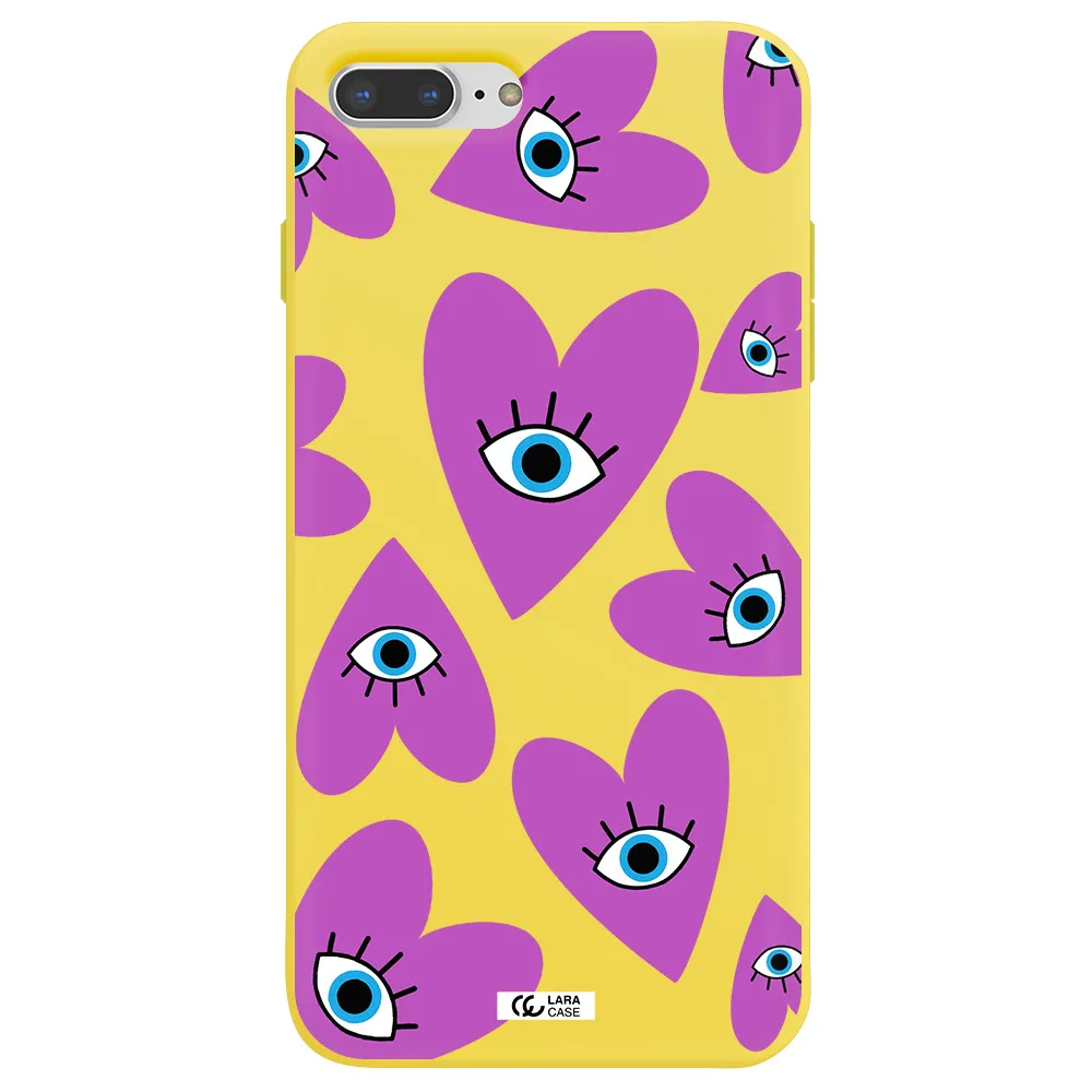 a purple heart with eyes and a black eye Apple iPhone 7 plus Silicone canary yellow Case