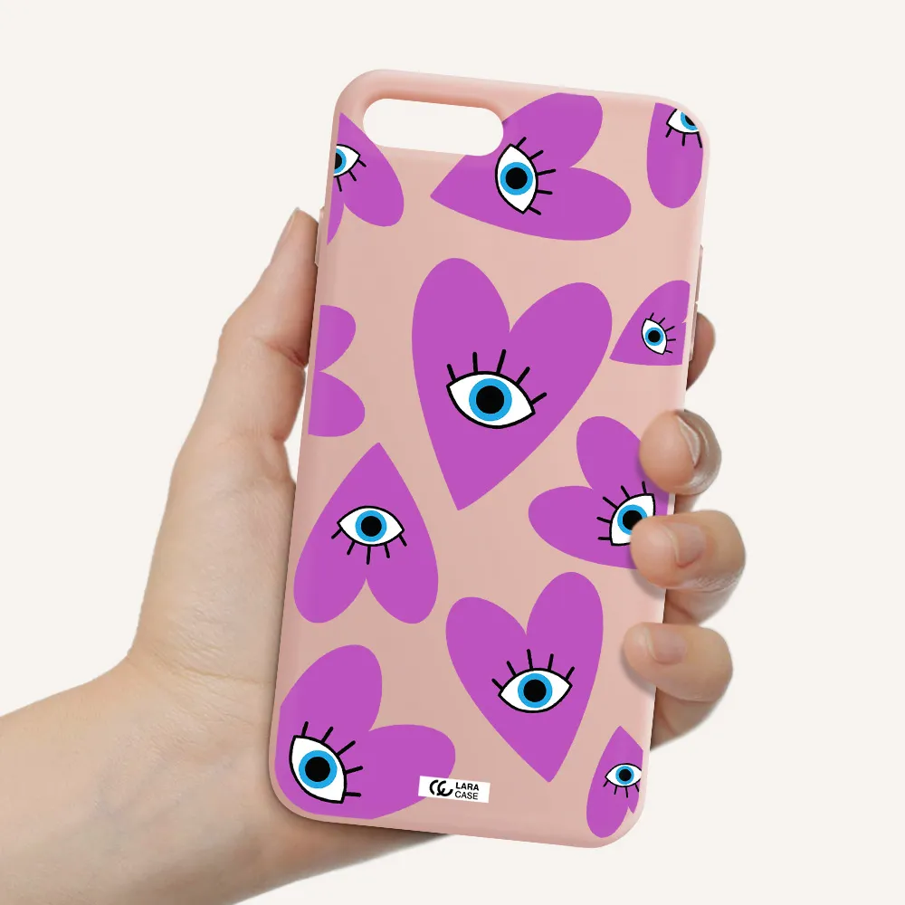 a purple heart with eyes and a black eye Apple iPhone 7 plus Silicone pastel pink Case