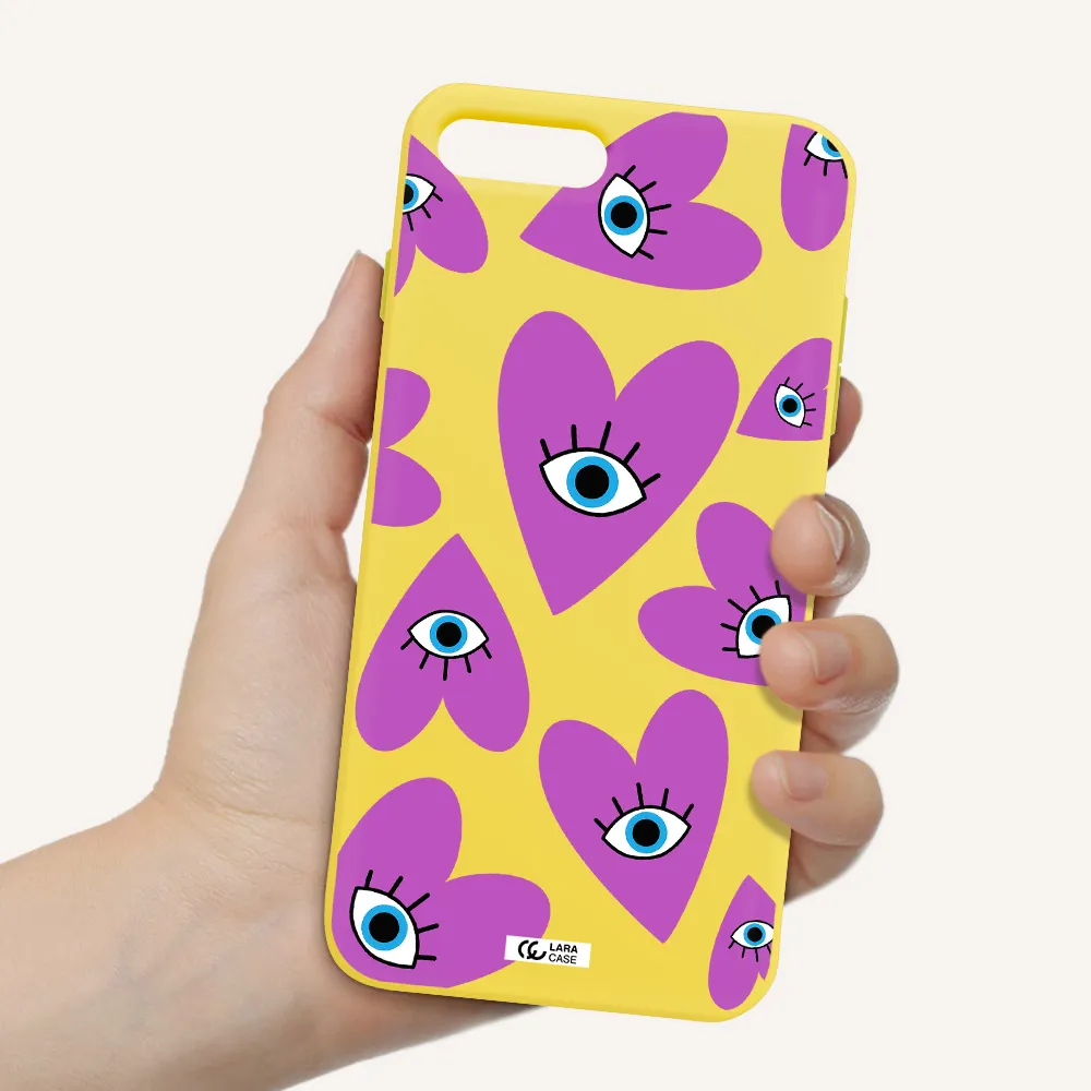 a purple heart with eyes and a black eye Apple iPhone 8 plus Silicone canary yellow Case