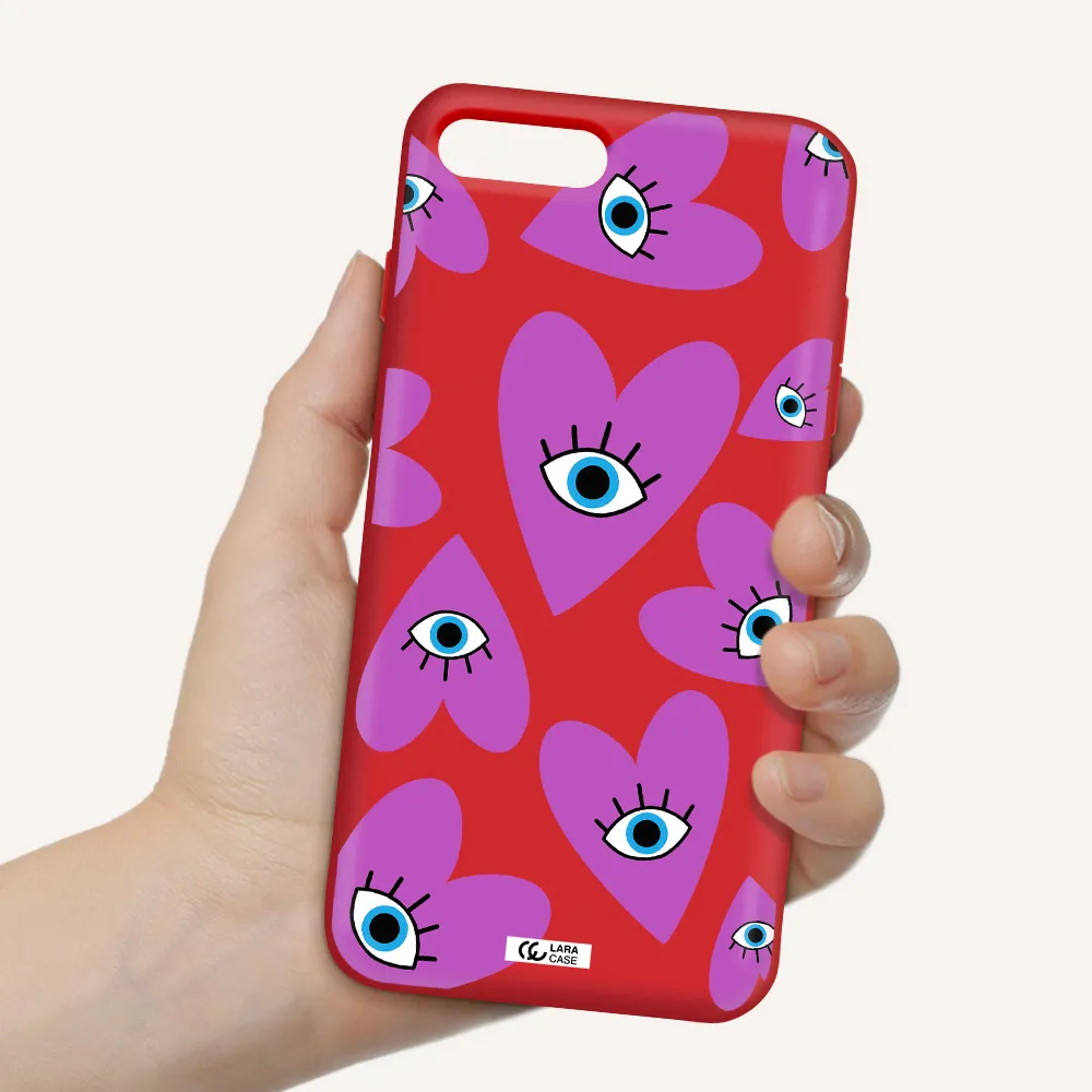a purple heart with eyes and a black eye Apple iPhone 8 plus Silicone Imperial Red Case